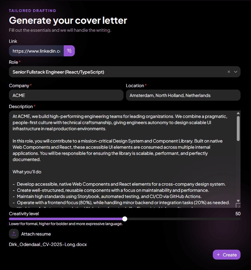 Preview of a tailored cover letter generation workflow