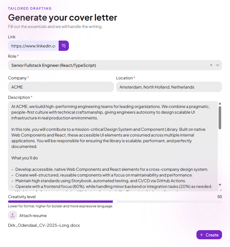 Preview of a tailored cover letter generation workflow